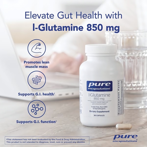 A clean, clinical-style product image highlighting specific health benefits of I-Glutamine supplements.